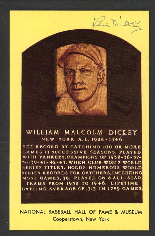 Yellow Hall of Fame Postcard Bill Dickey Yankees Signed Autographed