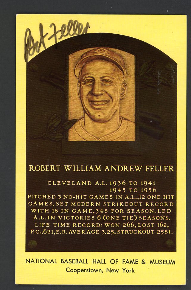 Yellow Hall of Fame Postcard Bob Feller Indians Signed Autographed