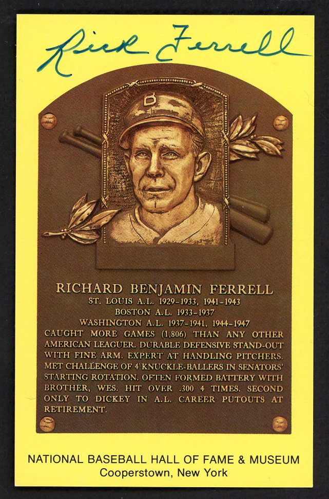 Yellow Hall of Fame Postcard Rick Ferrell Red Sox Signed Autographed