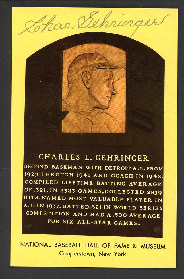 Yellow Hall of Fame Postcard Charles Gehringer Tigers Signed Autographed