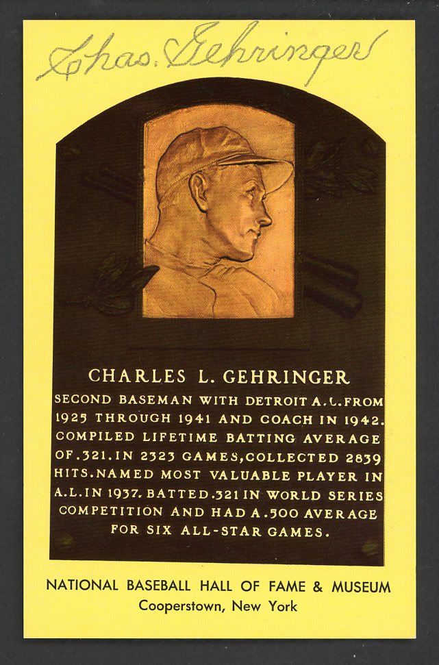 Yellow Hall of Fame Postcard Charles Gehringer Tigers Signed Autographed