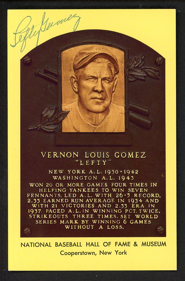 Yellow Hall of Fame Postcard Lefty Gomez Yankees Signed Autographed