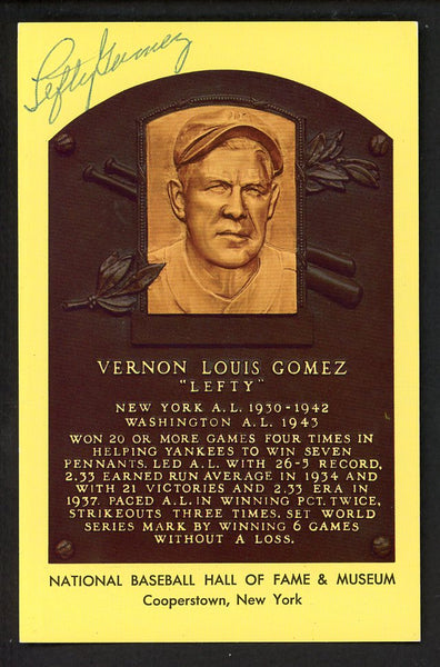 Yellow Hall of Fame Postcard Lefty Gomez Yankees Signed Autographed