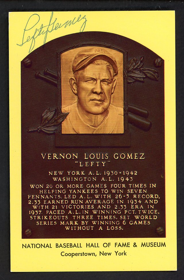 Yellow Hall of Fame Postcard Lefty Gomez Yankees Signed Autographed