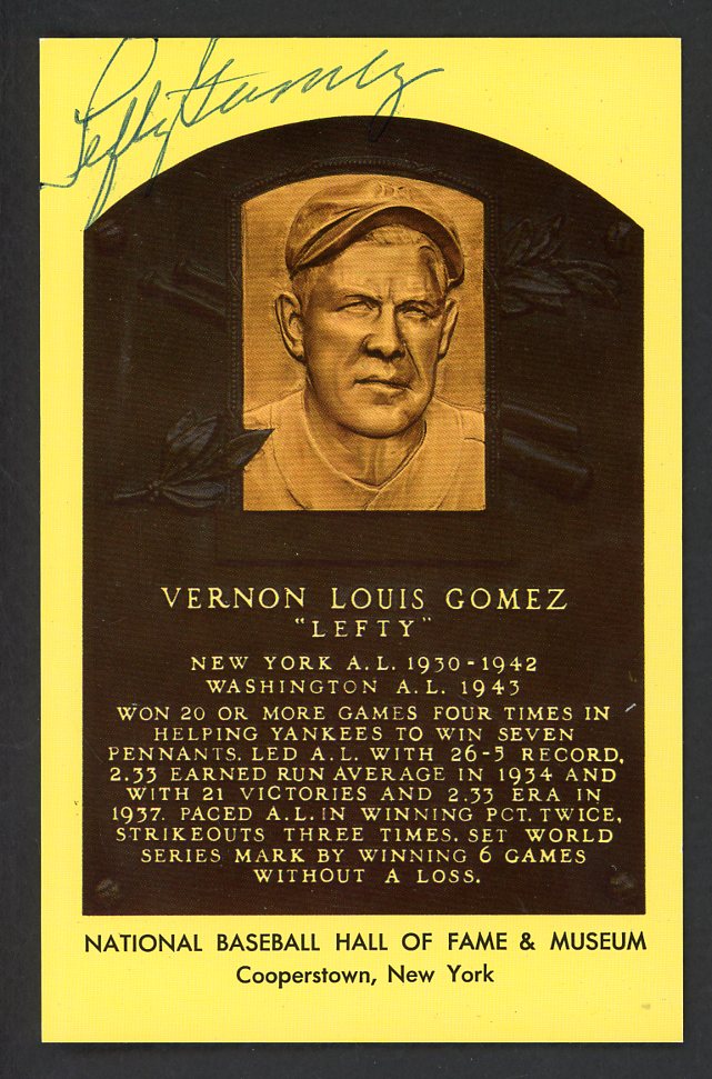 Yellow Hall of Fame Postcard Lefty Gomez Yankees Signed Autographed