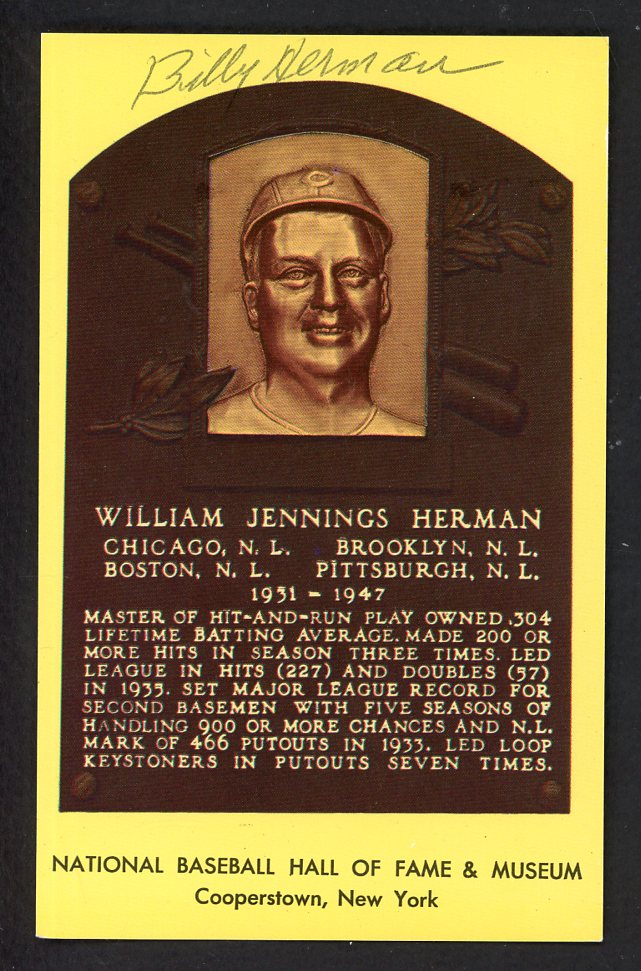 Yellow Hall of Fame Postcard Billy Herman Cubs Signed Autographed