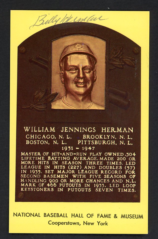 Yellow Hall of Fame Postcard Billy Herman Cubs Signed Autographed