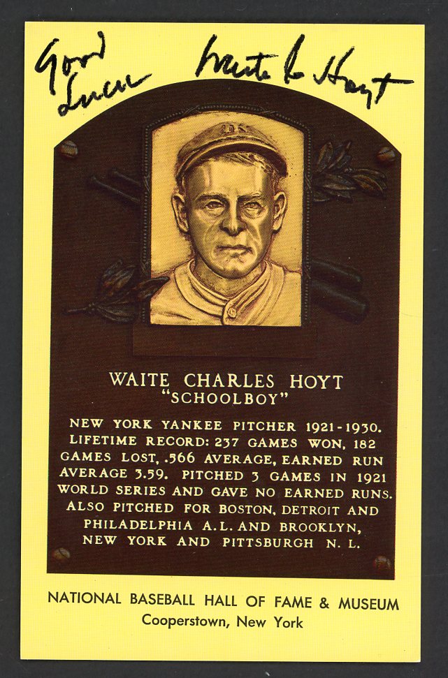 Yellow Hall of Fame Postcard Waite Hoyt Yankees Signed Autographed