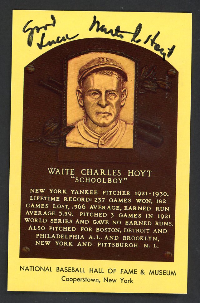 Yellow Hall of Fame Postcard Waite Hoyt Yankees Signed Autographed