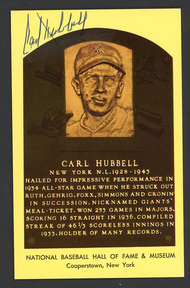 Yellow Hall of Fame Postcard Carl Hubbell Giants Signed Autographed