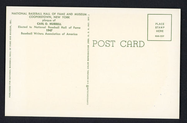 Yellow Hall of Fame Postcard Carl Hubbell Giants Signed Autographed
