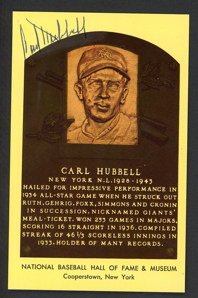 Yellow Hall of Fame Postcard Carl Hubbell Giants Signed Autographed