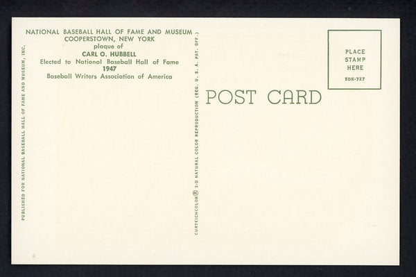 Yellow Hall of Fame Postcard Carl Hubbell Giants Signed Autographed