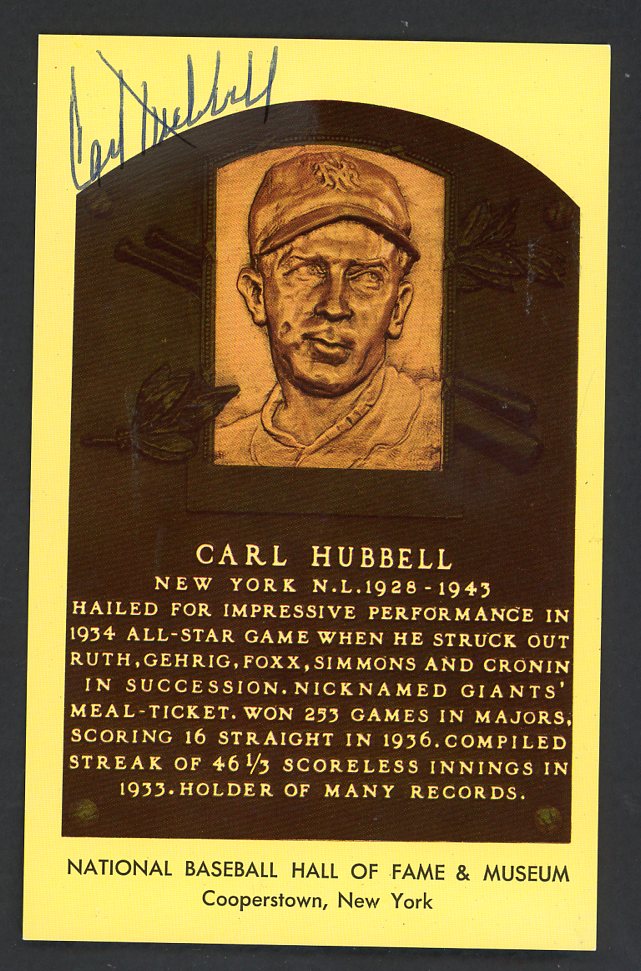 Yellow Hall of Fame Postcard Carl Hubbell Giants Signed Autographed