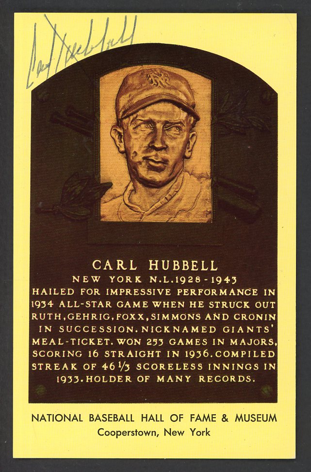 Yellow Hall of Fame Postcard Carl Hubbell Giants Signed Autographed