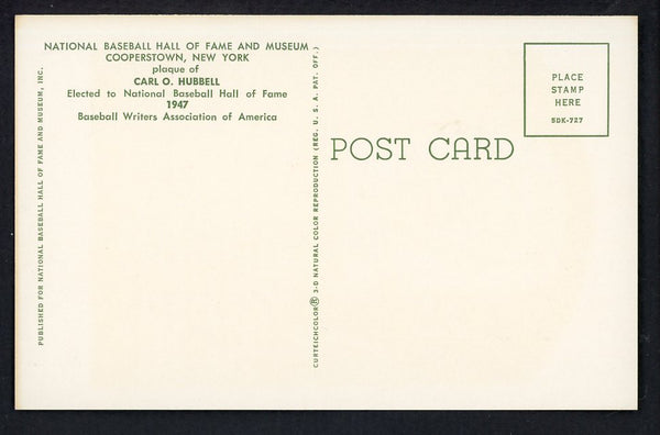 Yellow Hall of Fame Postcard Carl Hubbell Giants Signed Autographed