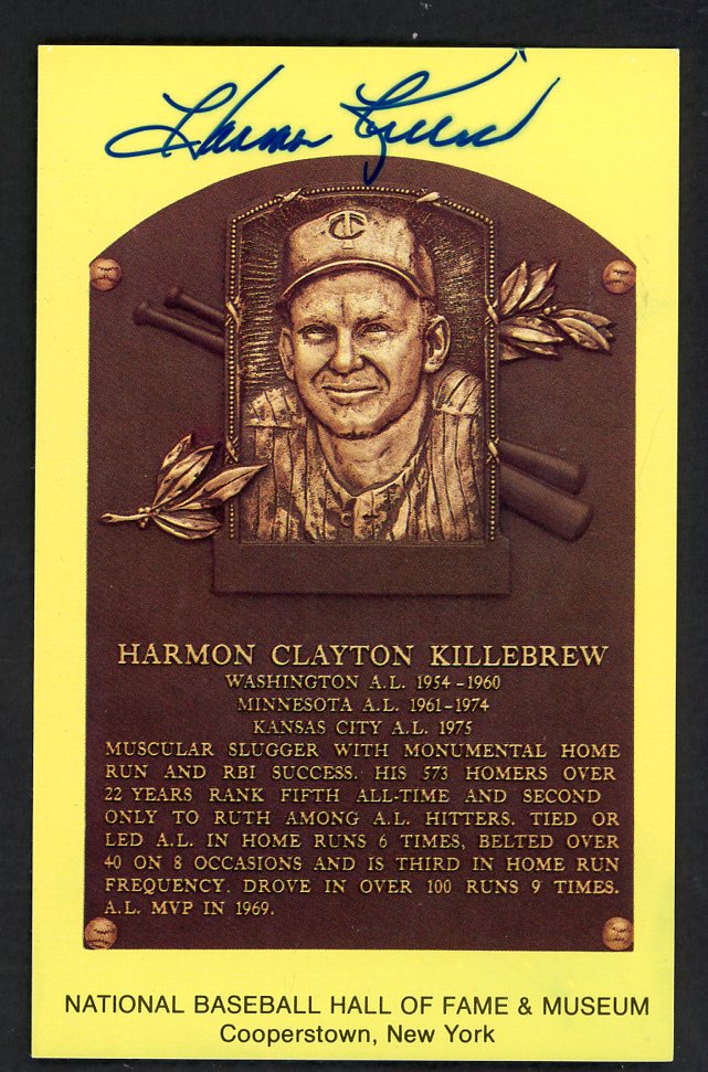 Yellow Hall of Fame Postcard Harmon Killebrew Twins Signed Autographed