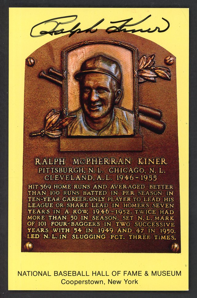 Yellow Hall of Fame Postcard Ralph Kiner Pirates Signed Autographed