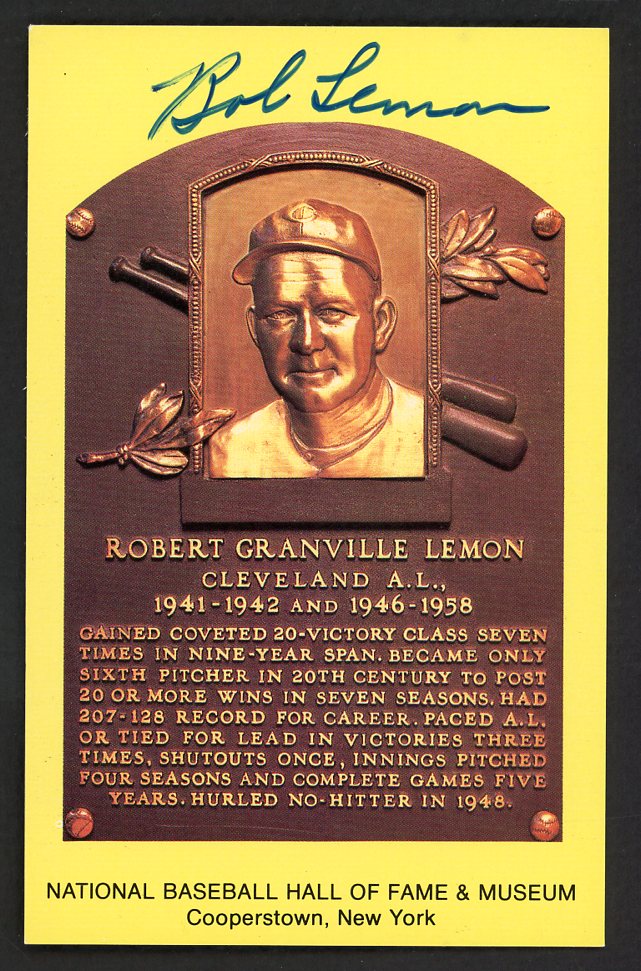 Yellow Hall of Fame Postcard Bob Lemon Indians Signed Autographed