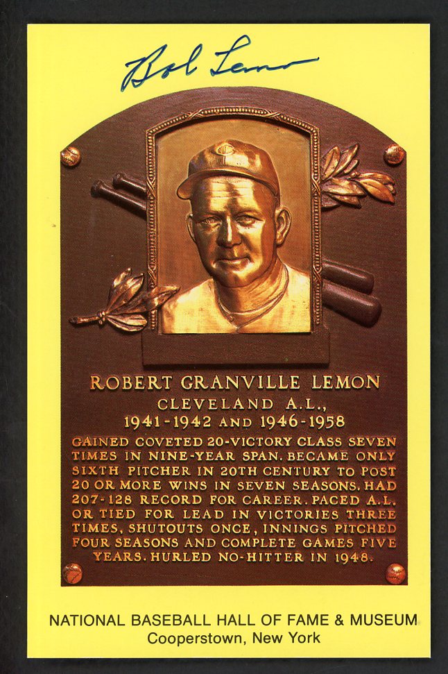 Yellow Hall of Fame Postcard Bob Lemon Indians Signed Autographed
