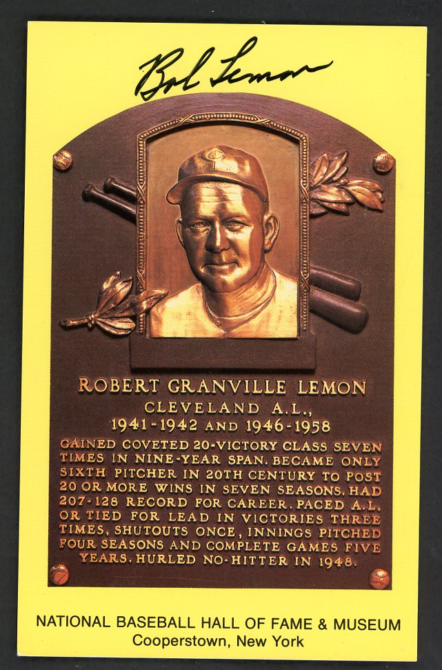Yellow Hall of Fame Postcard Bob Lemon Indians Signed Autographed