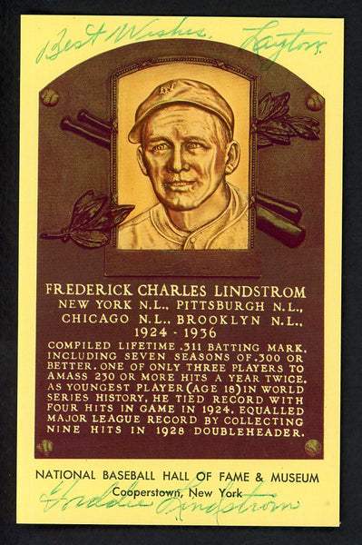 Yellow Hall of Fame Postcard Fred Lindstrom Giants Signed Autographed