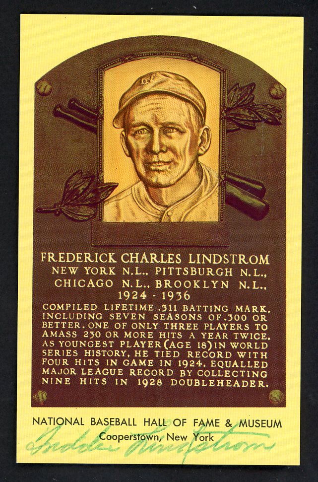 Yellow Hall of Fame Postcard Fred Lindstrom Giants Signed Autographed