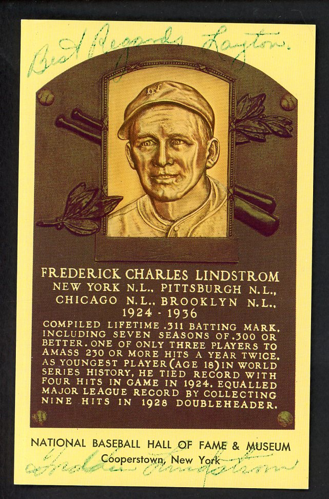 Yellow Hall of Fame Postcard Fred Lindstrom Giants Signed Autographed