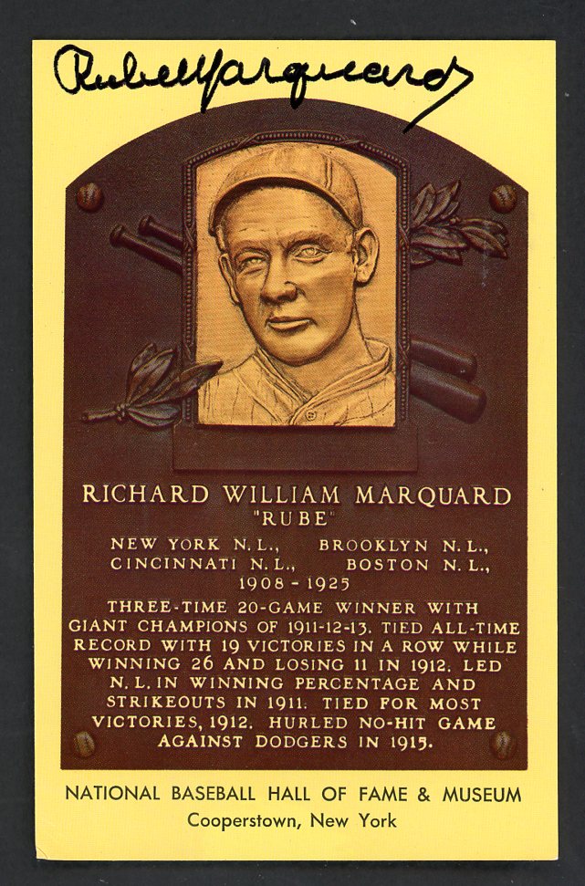 Yellow Hall of Fame Postcard Rube Marquard Dodgers Signed Autographed