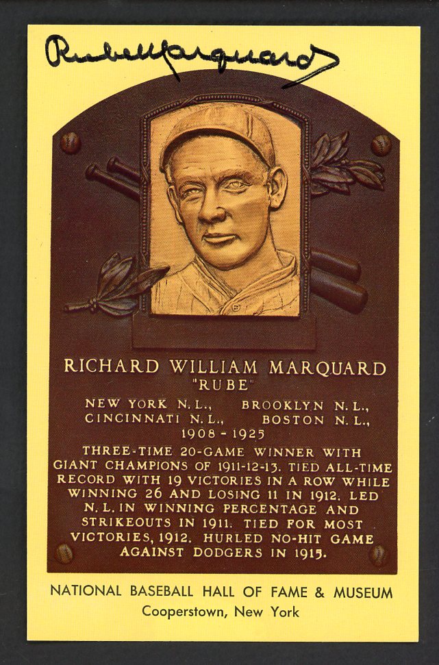Yellow Hall of Fame Postcard Rube Marquard Dodgers Signed Autographed