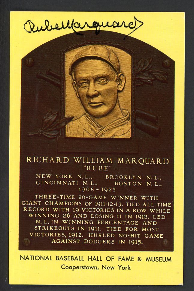 Yellow Hall of Fame Postcard Rube Marquard Dodgers Signed Autographed
