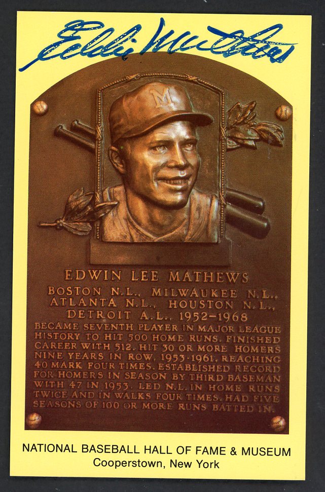 Yellow Hall of Fame Postcard Eddie Mathews Braves Signed Autographed