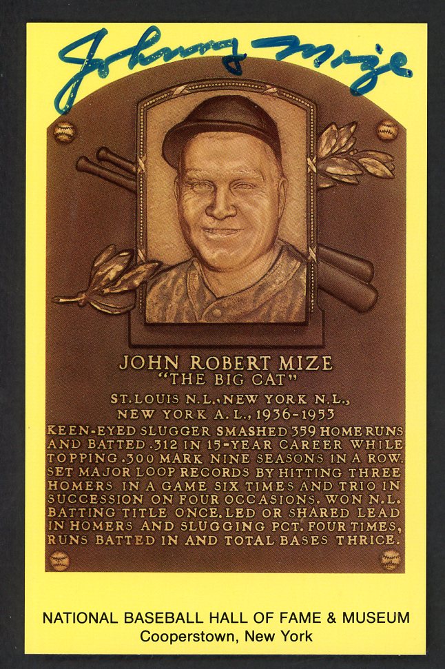 Yellow Hall of Fame Postcard Johnny Mize Cardinals Signed Autographed
