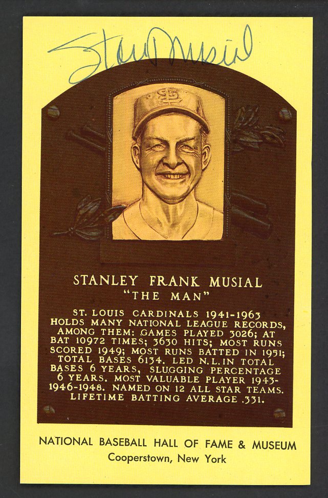 Yellow Hall of Fame Postcard Stan Musial Cardinals Signed Autographed