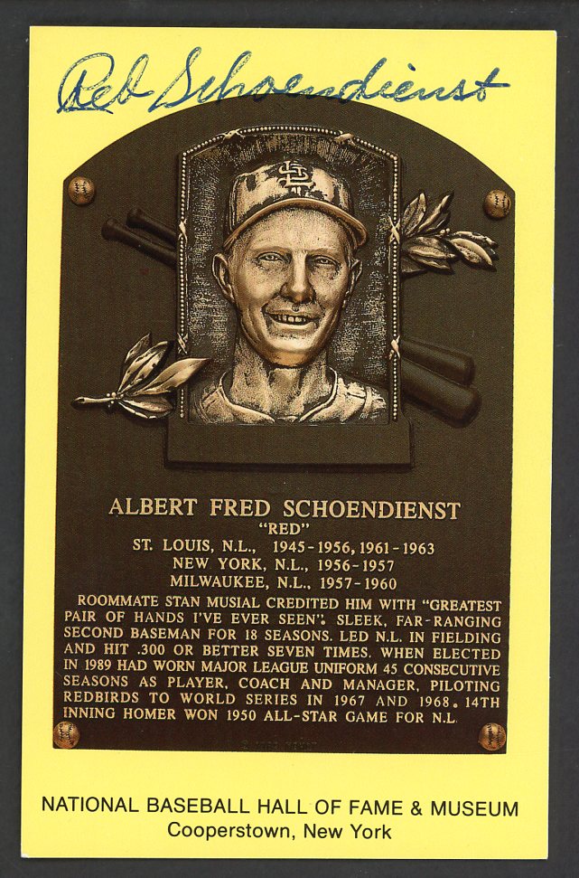 Yellow Hall of Fame Postcard Red Schoendienst Cardinals Signed Autographed