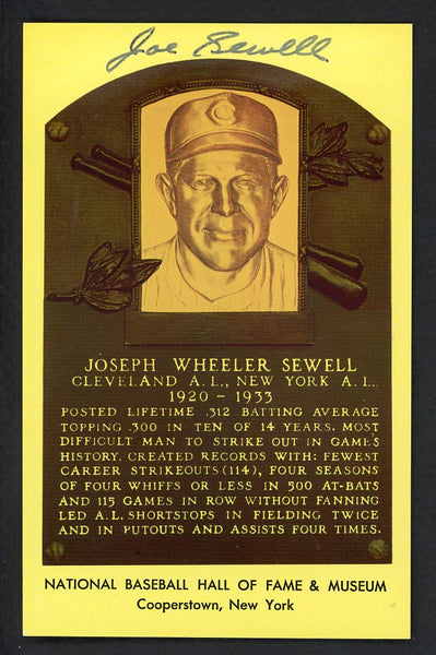 Yellow Hall of Fame Postcard Joe Sewell Indians Signed Autographed