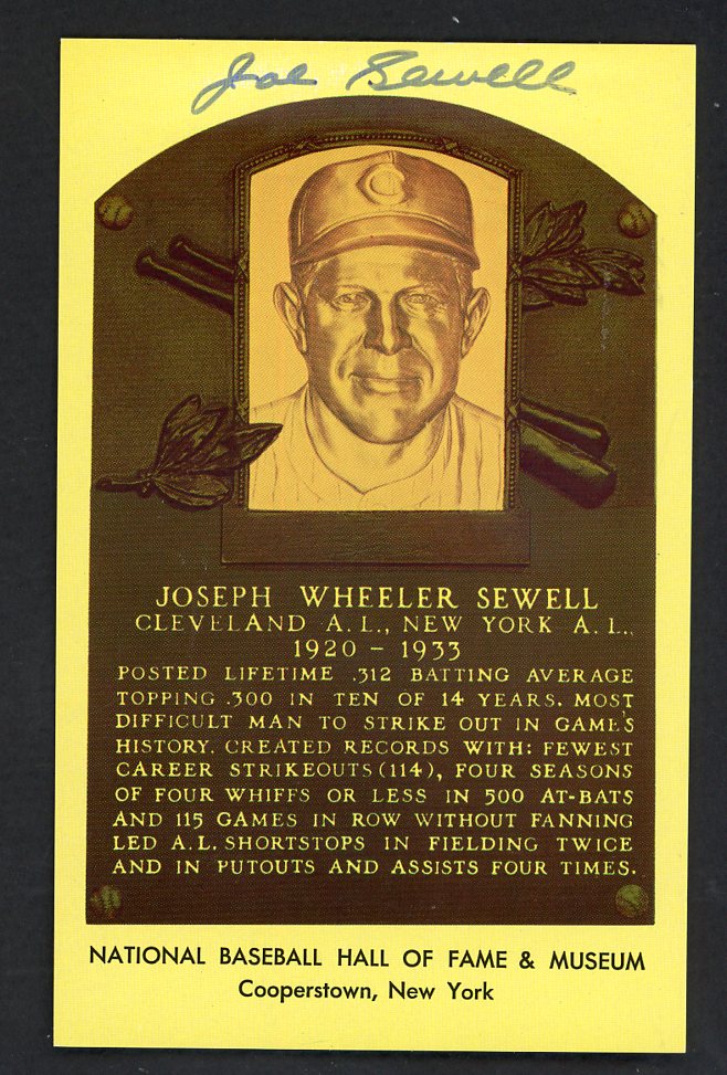 Yellow Hall of Fame Postcard Joe Sewell Indians Signed Autographed