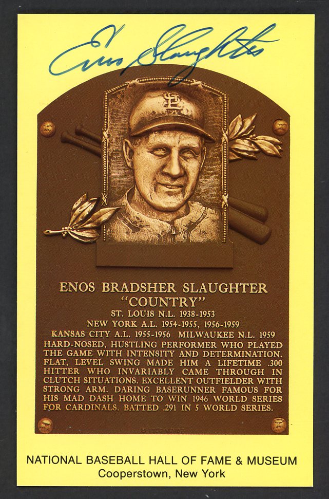 Yellow Hall of Fame Postcard Enos Slaughter Cardinals Signed Autographed