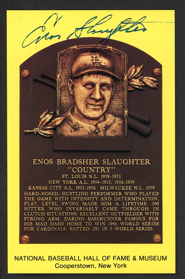 Yellow Hall of Fame Postcard Enos Slaughter Cardinals Signed Autographed
