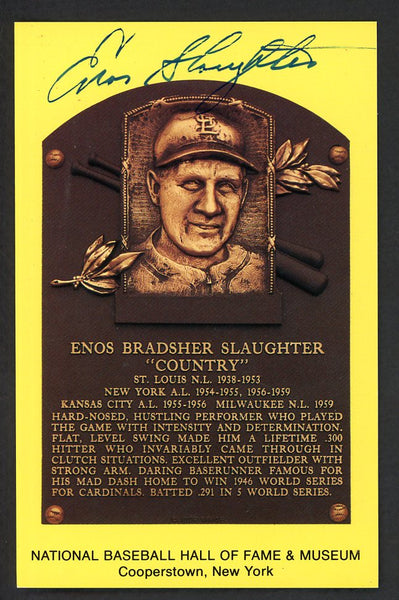 Yellow Hall of Fame Postcard Enos Slaughter Cardinals Signed Autographed