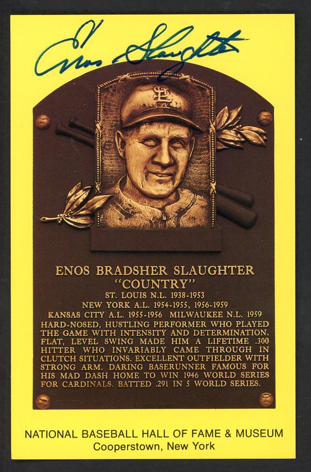 Yellow Hall of Fame Postcard Enos Slaughter Cardinals Signed Autographed
