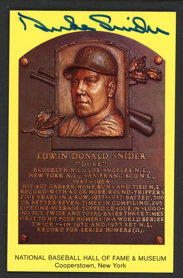 Yellow Hall of Fame Postcard Duke Snider Dodgers Signed Autographed