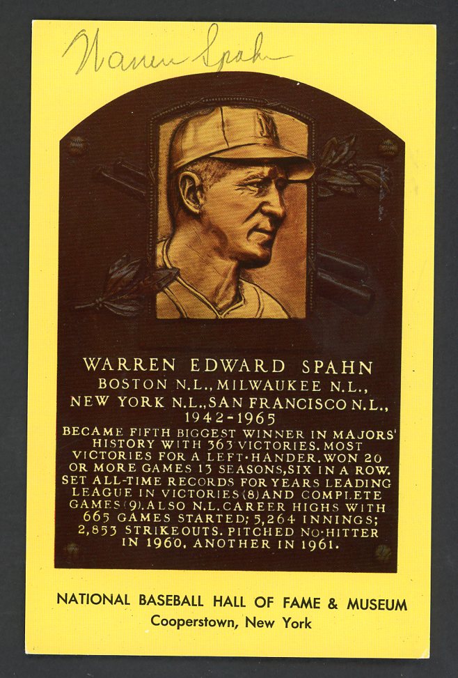 Yellow Hall of Fame Postcard Warren Spahn Braves Signed Autographed