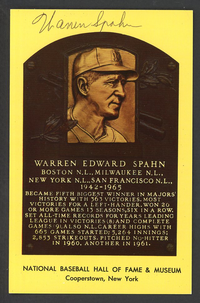 Yellow Hall of Fame Postcard Warren Spahn Braves Signed Autographed
