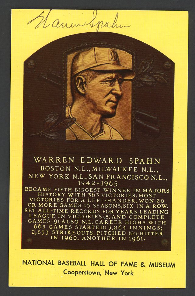 Yellow Hall of Fame Postcard Warren Spahn Braves Signed Autographed