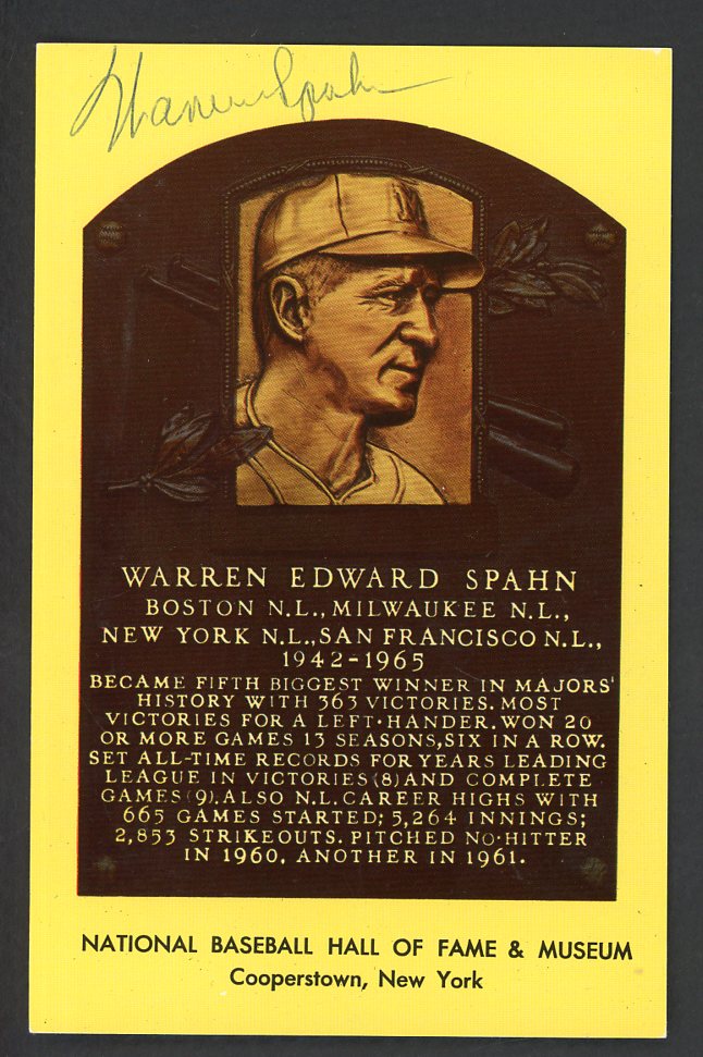 Yellow Hall of Fame Postcard Warren Spahn Braves Signed Autographed