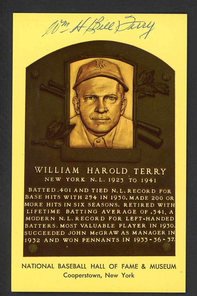 Yellow Hall of Fame Postcard Bill Terry Giants Signed Autographed