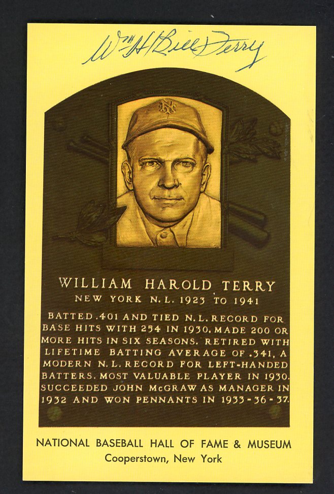 Yellow Hall of Fame Postcard Bill Terry Giants Signed Autographed