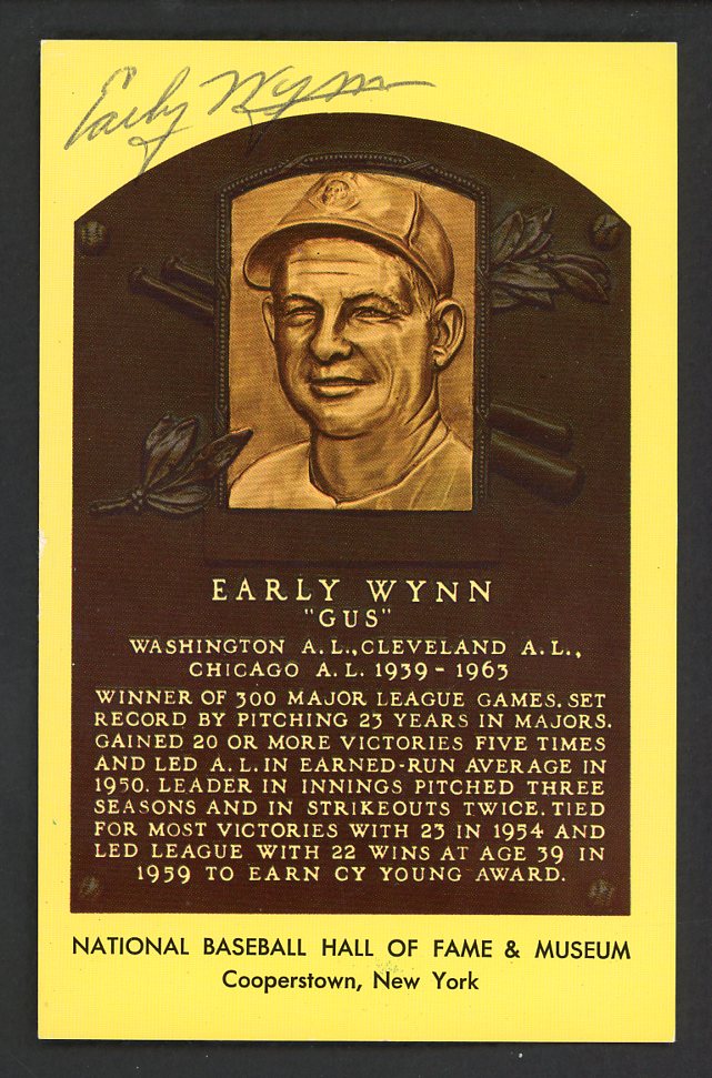Yellow Hall of Fame Postcard Early Wynn Indians Signed Autographed