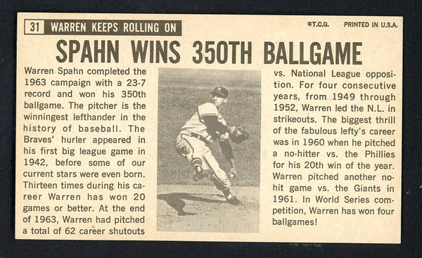 1964 Topps Giants #031 Warren Spahn Braves Signed Autographed